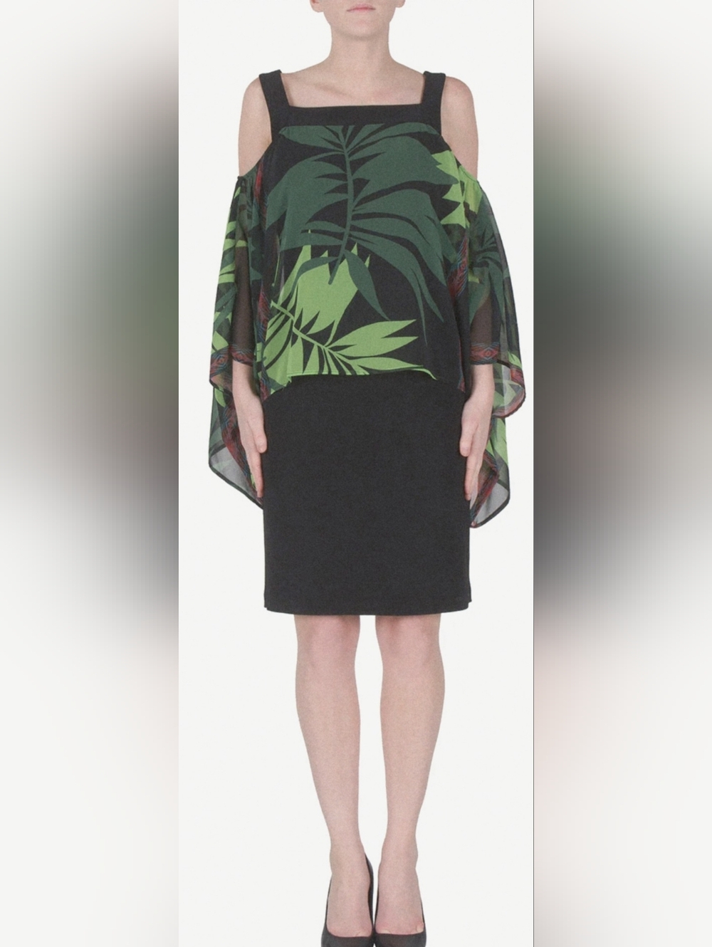 Joseph Ribkoff Black Dress with Green Leaf-Print Overlay